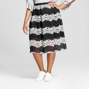 Who What Wear Black White Stripe Midi Lace Skirt